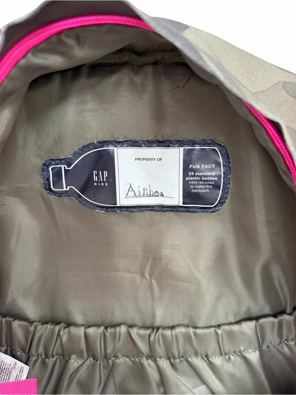GAP Kids Gray Camo Backpack with Pink Trim and Heart Patch